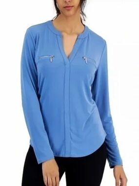 Inc International Concepts Long Sleeve Stretch Top with Faux Zip Pockets Accents